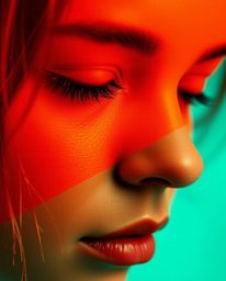 Explore the captivating contrast of warm terracotta and cool teal in this extreme macro close-up digital glitch art portrait.