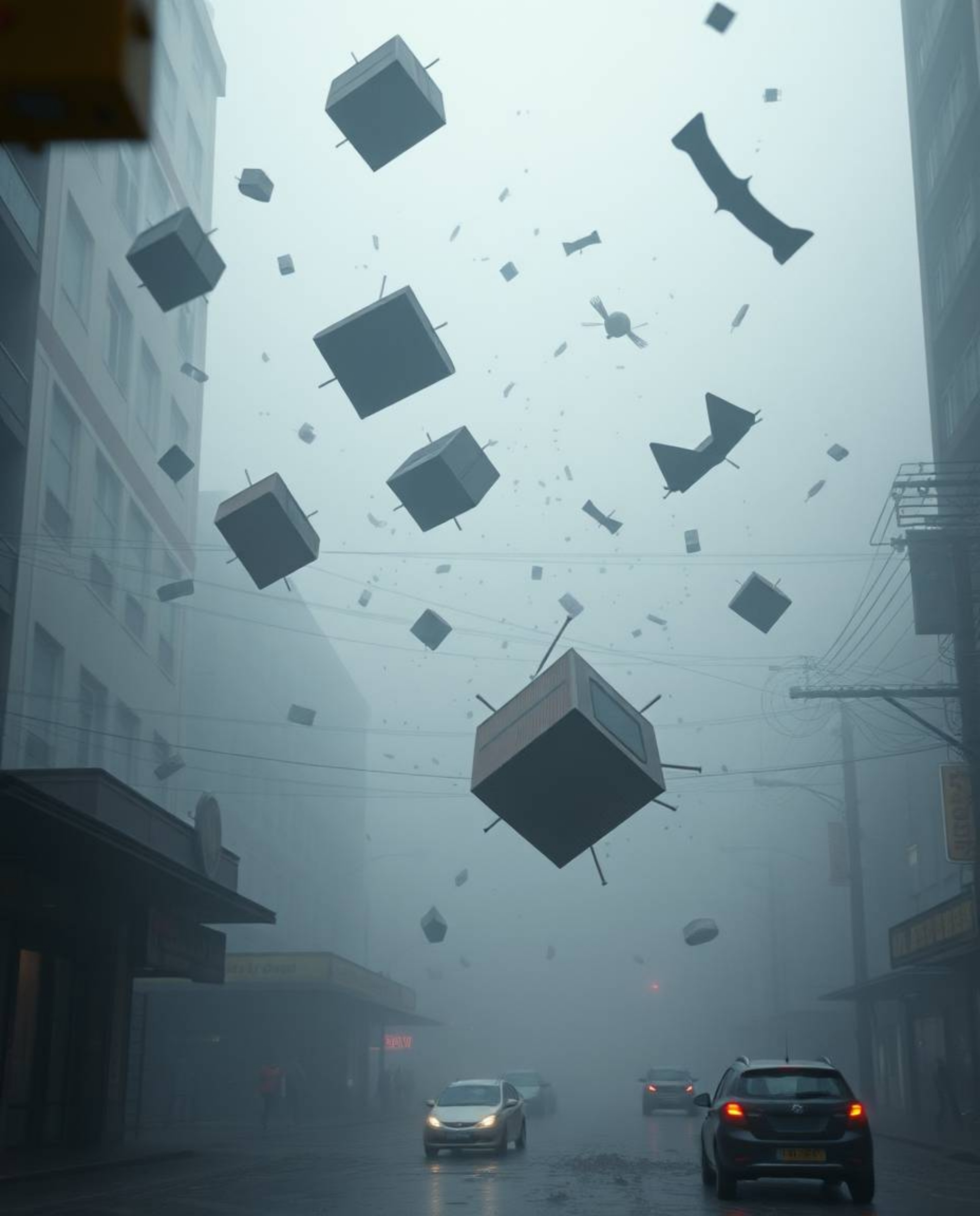 Explore a soft, dreamy atmosphere in surreal urban scenes disrupted by a storm where gravity is broken and objects fly freely