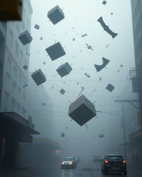 Explore a soft, dreamy atmosphere in surreal urban scenes disrupted by a storm where gravity is broken and objects fly freely