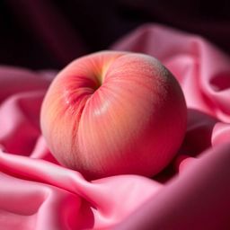 Experience the allure of a dramatic cinematic style with a close-up ASMR image. A blushing pink peach rests delicately on pas