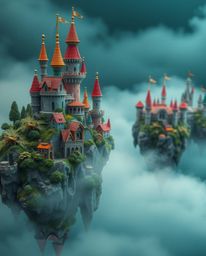 Discover a vibrant fantasy kingdom in extreme close-up detail. This captivating image features floating islands and castles