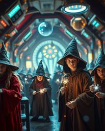 Discover a captivating image of a futuristic magical school brimming with young wizards. This stunning sci-fi scene features
