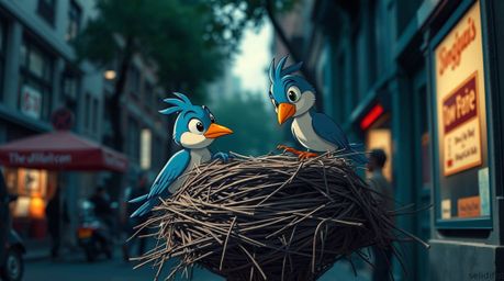 A captivating street photograph showcases two charming cartoon birds diligently constructing their nest, rendered in a classi