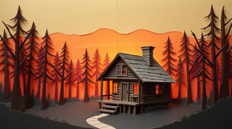 A captivating image showcasing an intricate origami-style depiction of an old wooden cabin nestled within a sunset-drenched w