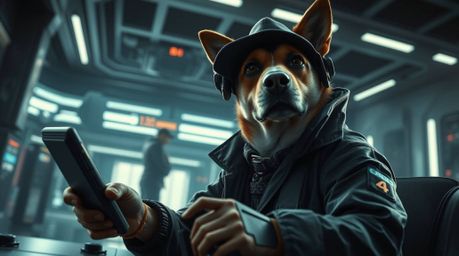 Witness an epic scene featuring a dog detective equipped with high-tech gadgets in a modern, futuristic setting. This grand-s