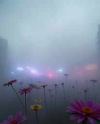 A captivating image depicting vibrant flowers blooming amidst a thick fog in a post-apocalyptic city.  The low visibility and