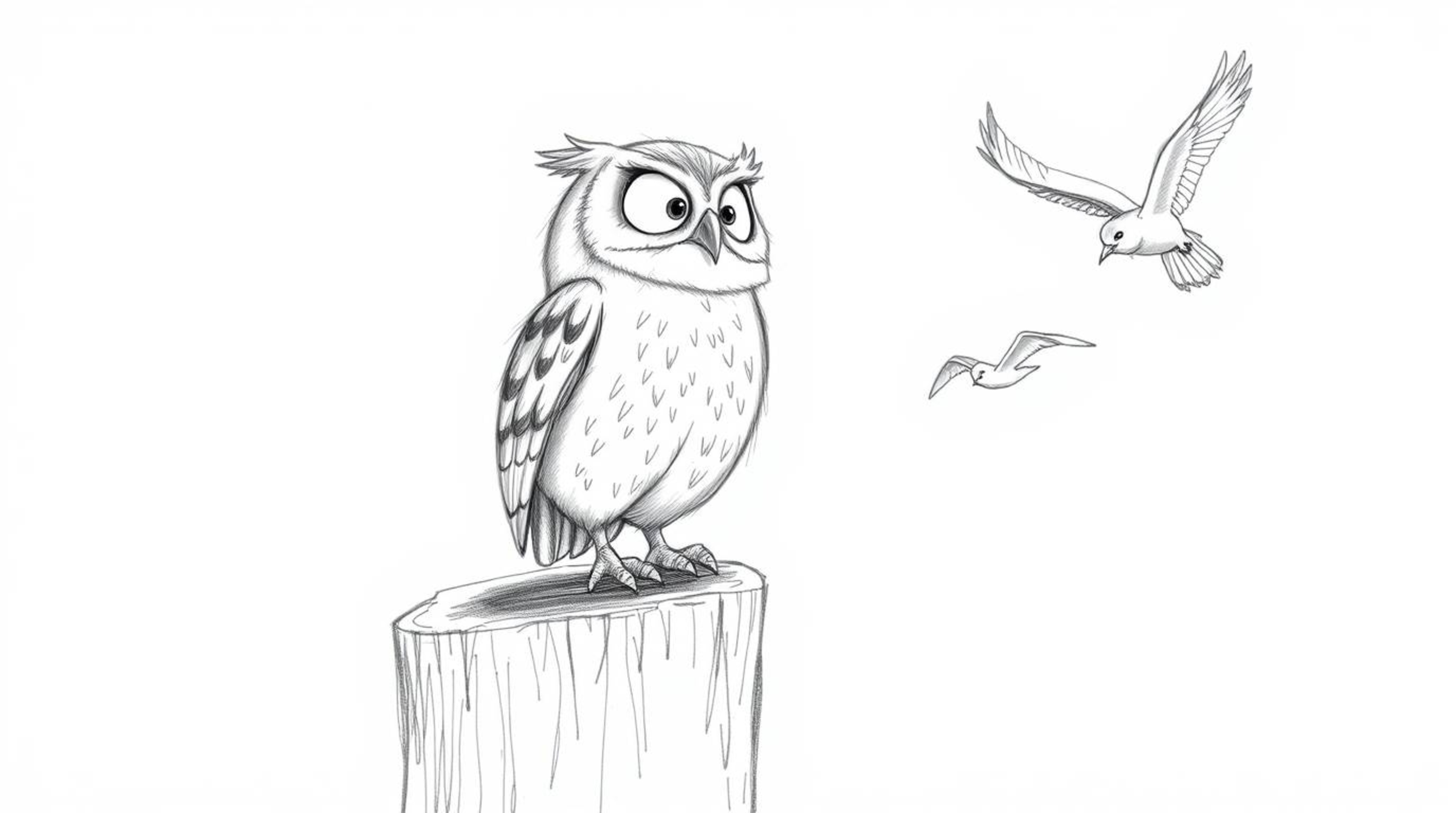 A heartwarming hand-drawn pencil sketch in the style of Pixar showcases a wise, blind owl. He sits on a tree stump, his face 