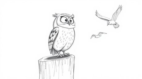 A heartwarming hand-drawn pencil sketch in the style of Pixar showcases a wise, blind owl. He sits on a tree stump, his face 