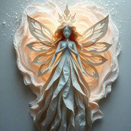 A stunning image of a layered papier-mâché fairy godmother emerging from a sparkling swirl. The artwork evokes an ethereal a