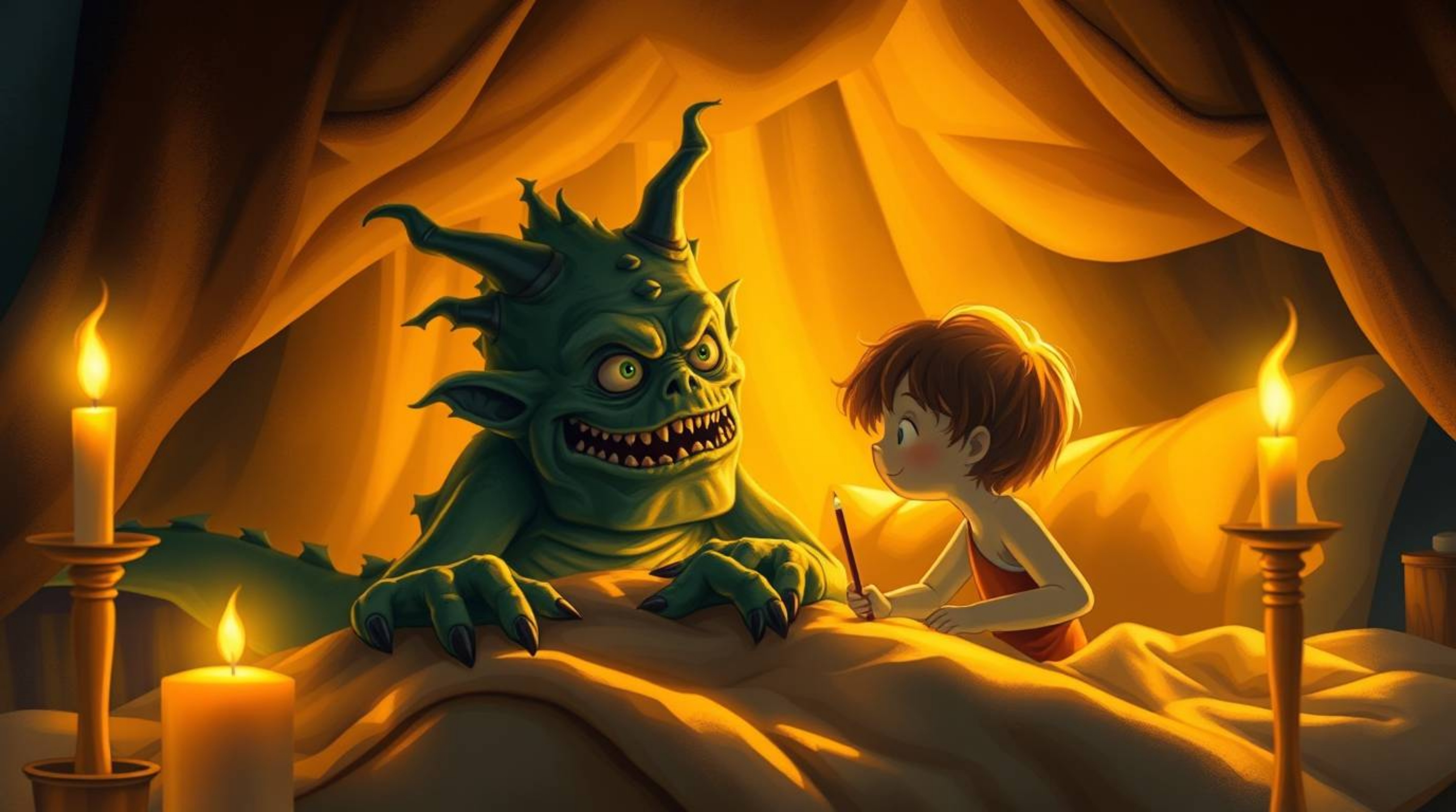 Explore the heartwarming tale of a monster under the bed befriending a child, illuminated by the warm candlelight and flicker