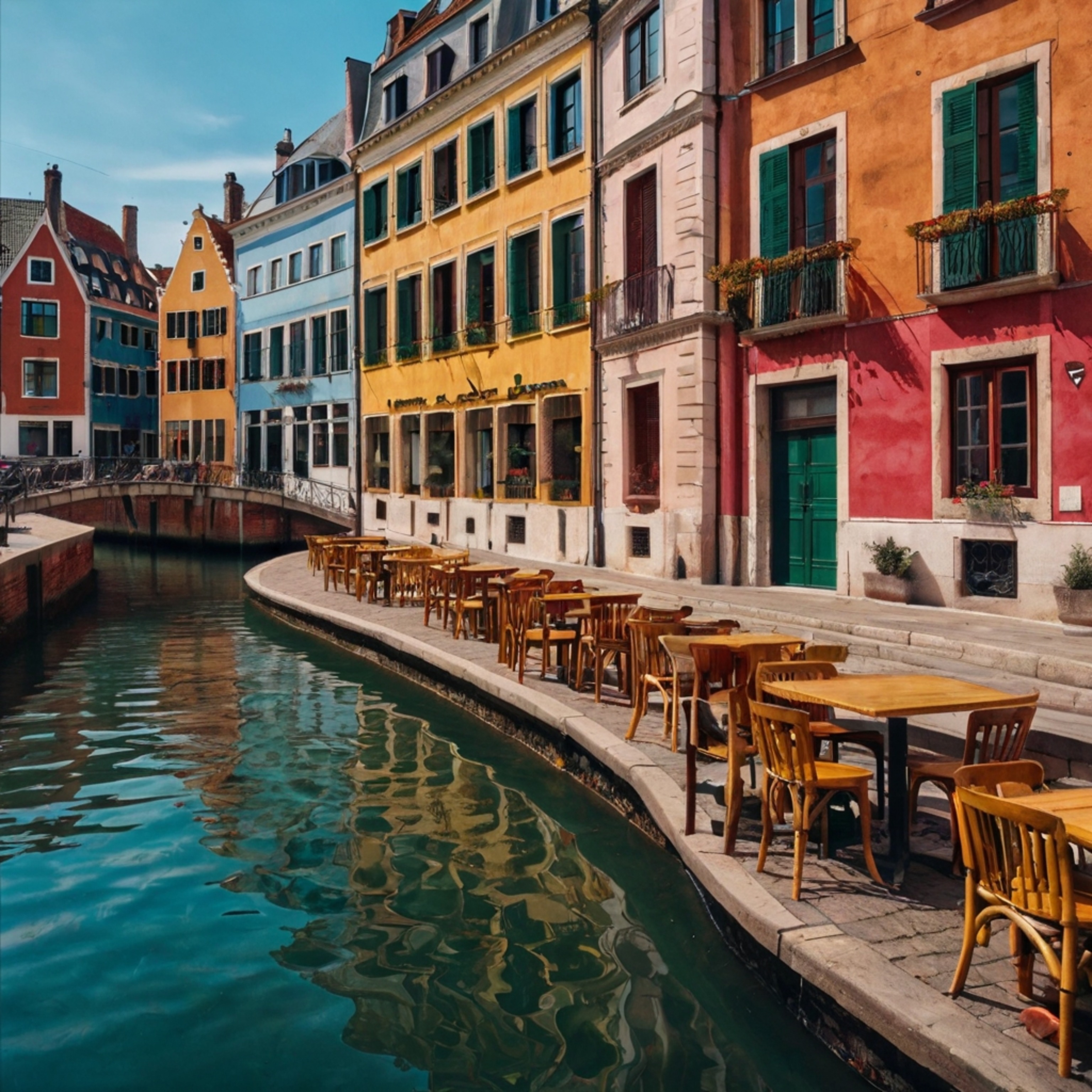 Discover a charming canal-side café nestled in a vibrant European city. Enjoy scenic views from tables right by the water, su