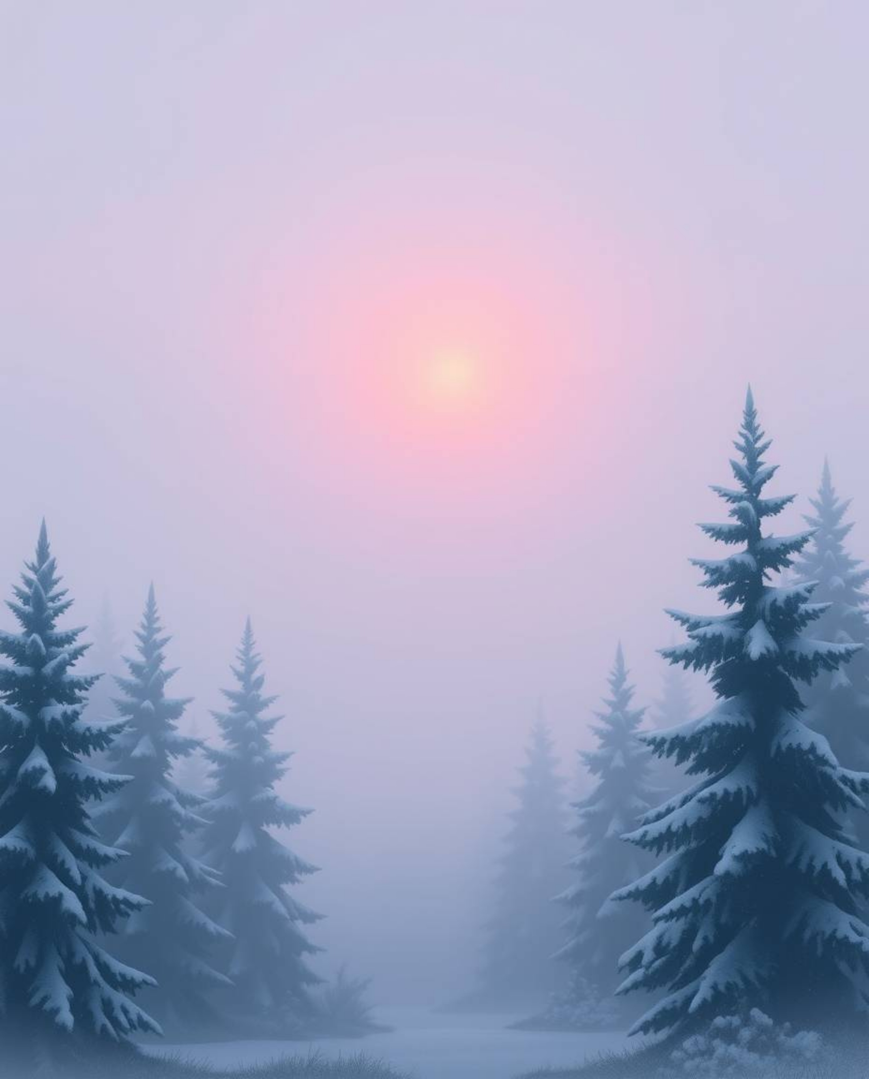 A modern flat design illustration depicts the enchanting scene of sunset light sparkling on snowy pine trees, all enveloped i