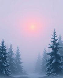 A modern flat design illustration depicts the enchanting scene of sunset light sparkling on snowy pine trees, all enveloped i