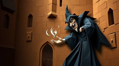 An intricate origami-style artwork depicts a classic Disney villain casting a spell within the ancient walls of a castle. The