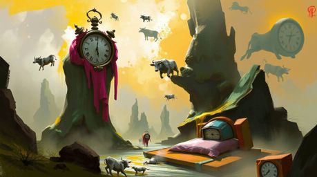 A captivating digital painting showcases a surreal dreamscape brimming with melting clocks and floating cows.  The artwork em