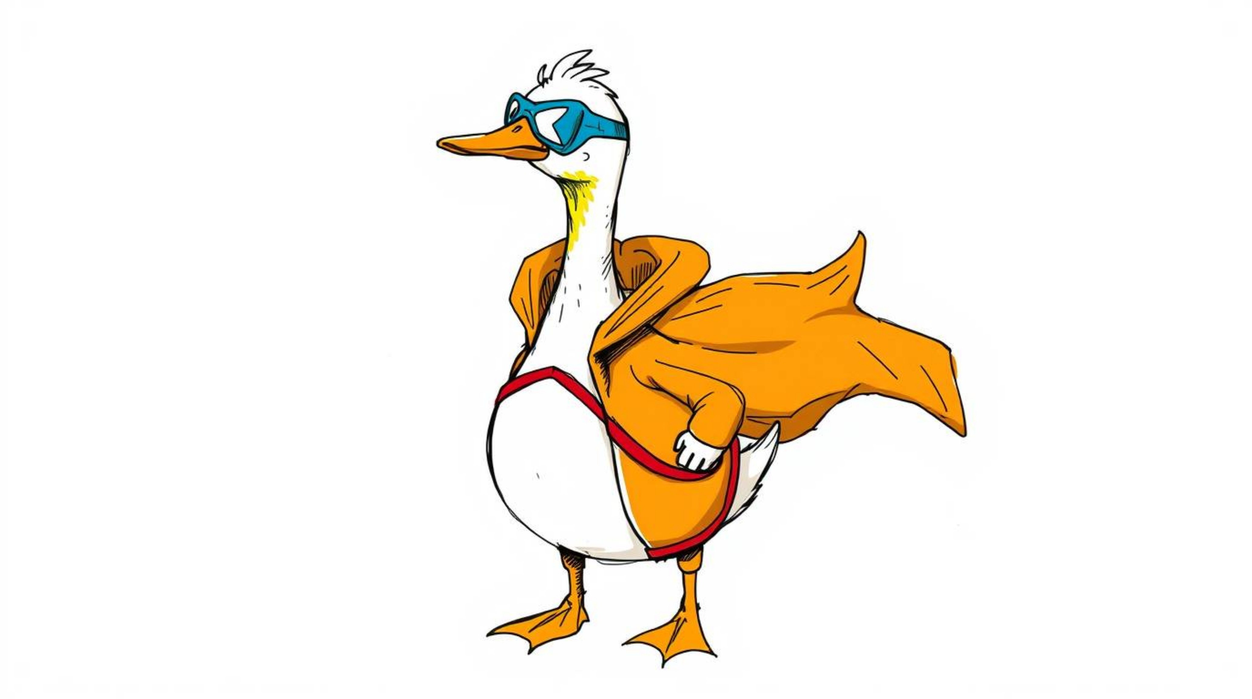 This image features a delightful hand-drawn color sketchnote style artwork showcasing a duck donned in a quirky superhero cos