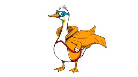 This image features a delightful hand-drawn color sketchnote style artwork showcasing a duck donned in a quirky superhero cos