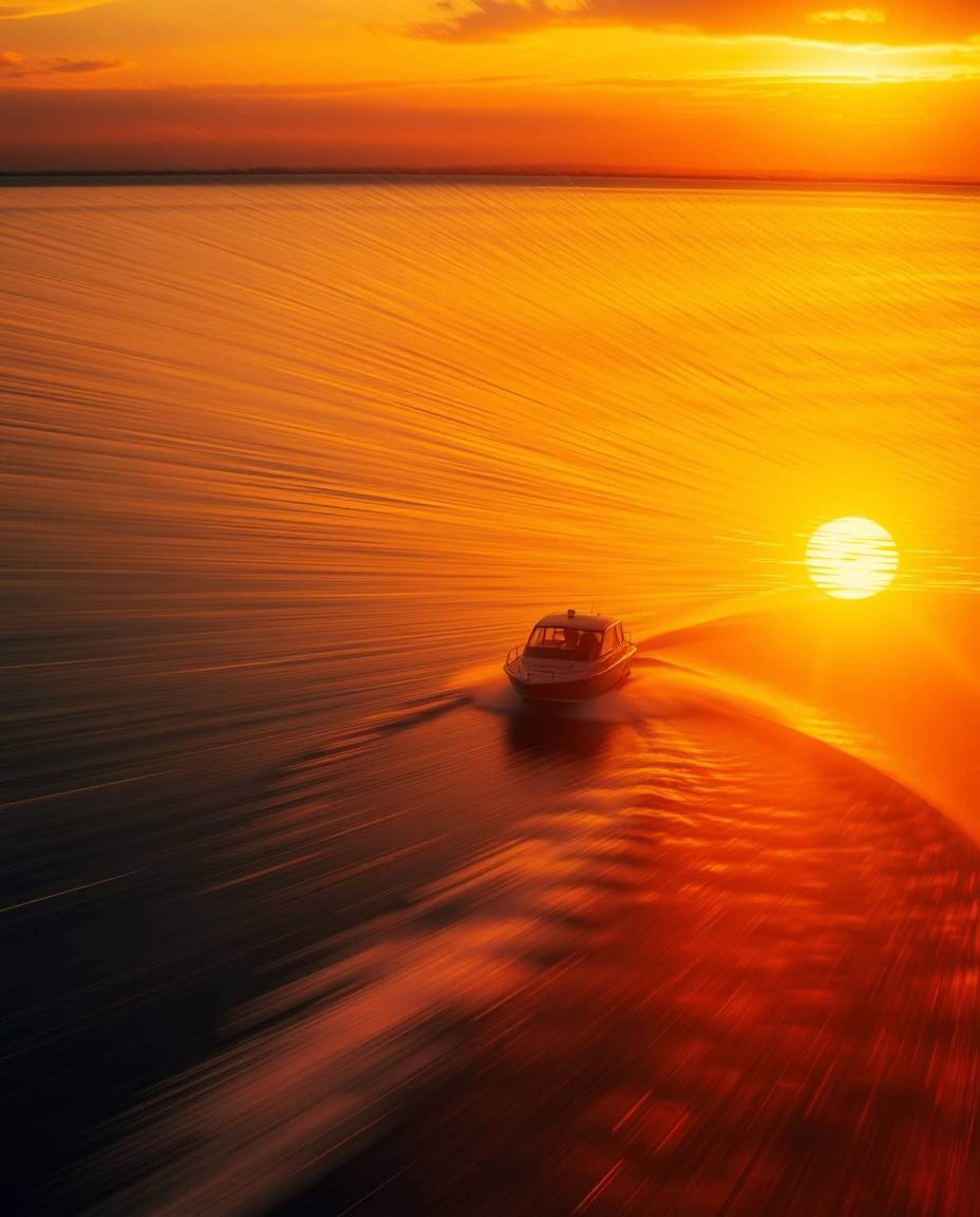 A dynamic depiction captures a boat drifting on a lake during a vibrant sunset. A warm golden glow radiates throughout the sc