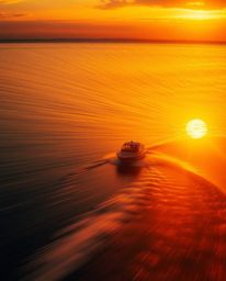A dynamic depiction captures a boat drifting on a lake during a vibrant sunset. A warm golden glow radiates throughout the sc