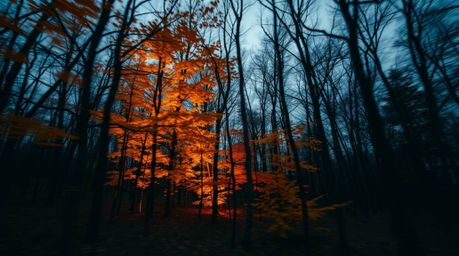 Capture the eerie beauty of an autumn forest with this long exposure photograph. Golden leaves, illuminated by the setting su
