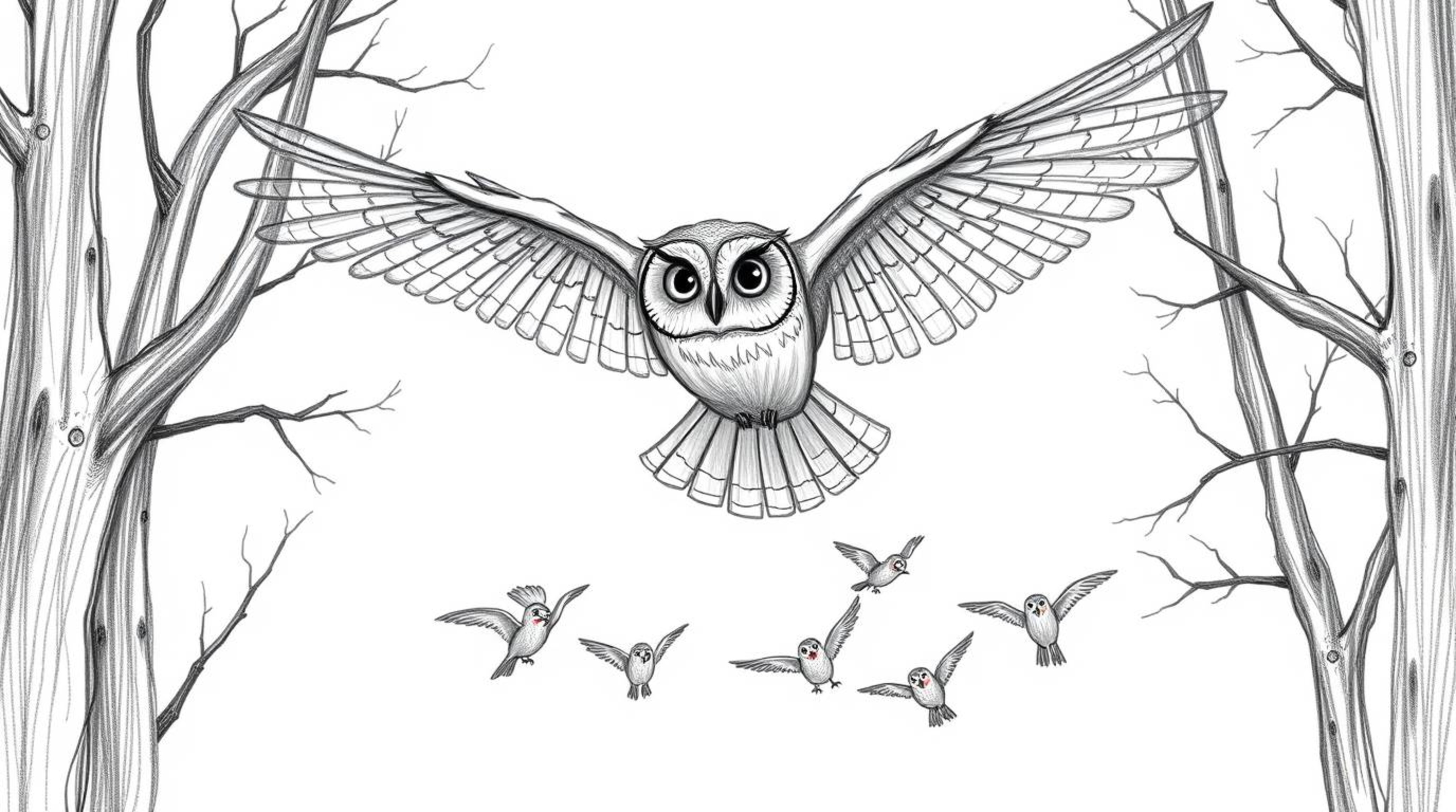 A heartwarming hand-drawn sketch in the style of Pixar animation depicts a blind owl effortlessly gliding between trees, guid