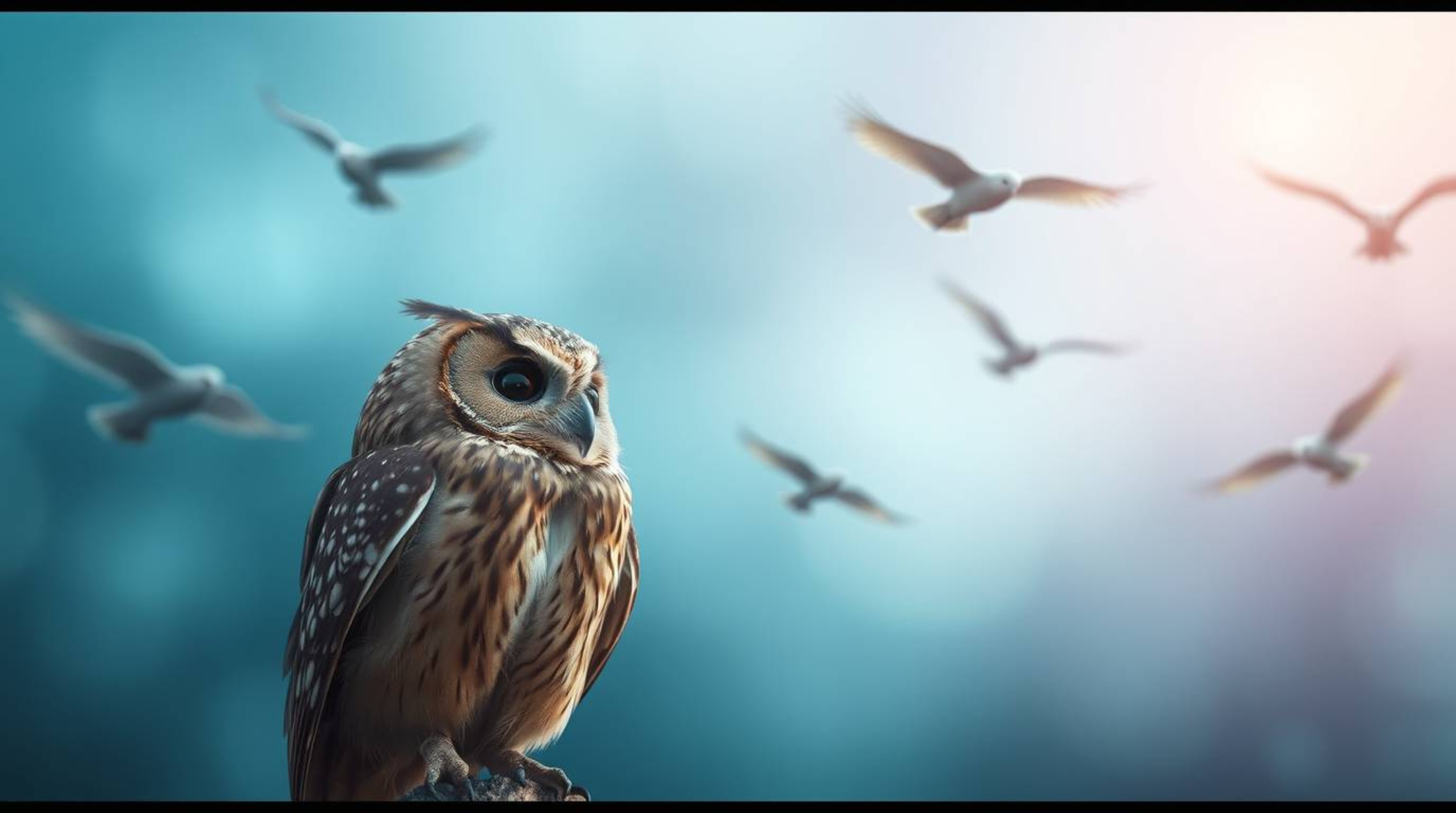 This long-exposure photograph, rendered in the heartwarming style of Pixar, depicts a blind owl with soft brown plumage overs