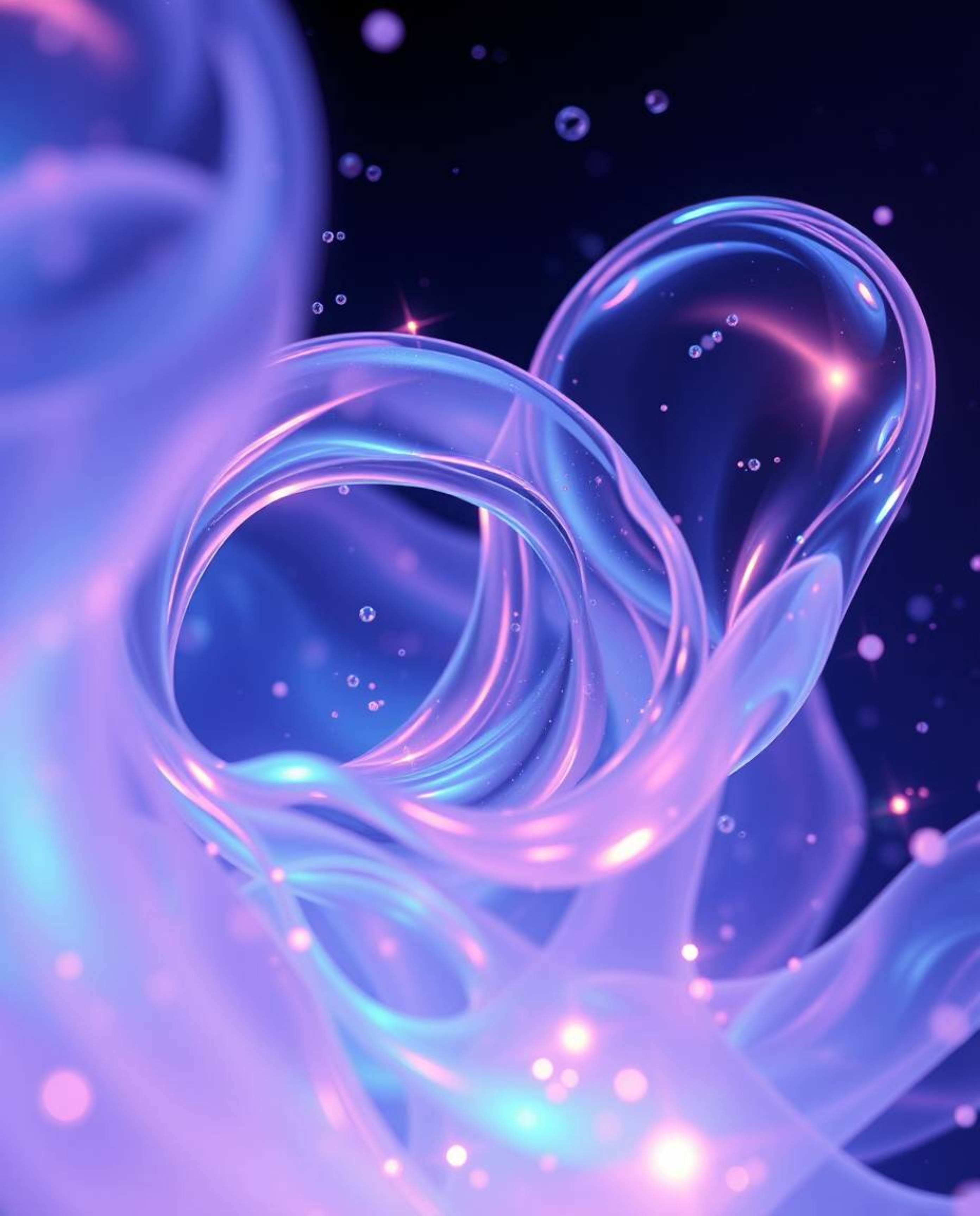Captivating 3D art showcases glassy fluid shapes in perpetual motion, gracefully surrounded by an aura of glowing particles. 
