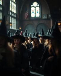 Step into a magical school teeming with young wizards, brought to life with dramatic chiaroscuro lighting that creates strong
