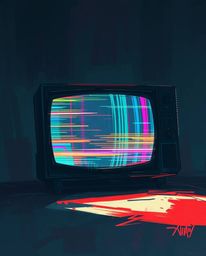 An eerie, dynamic digital sketch showcases a TV screen glitch with retro style RGB separation.  Loose painterly strokes, epic