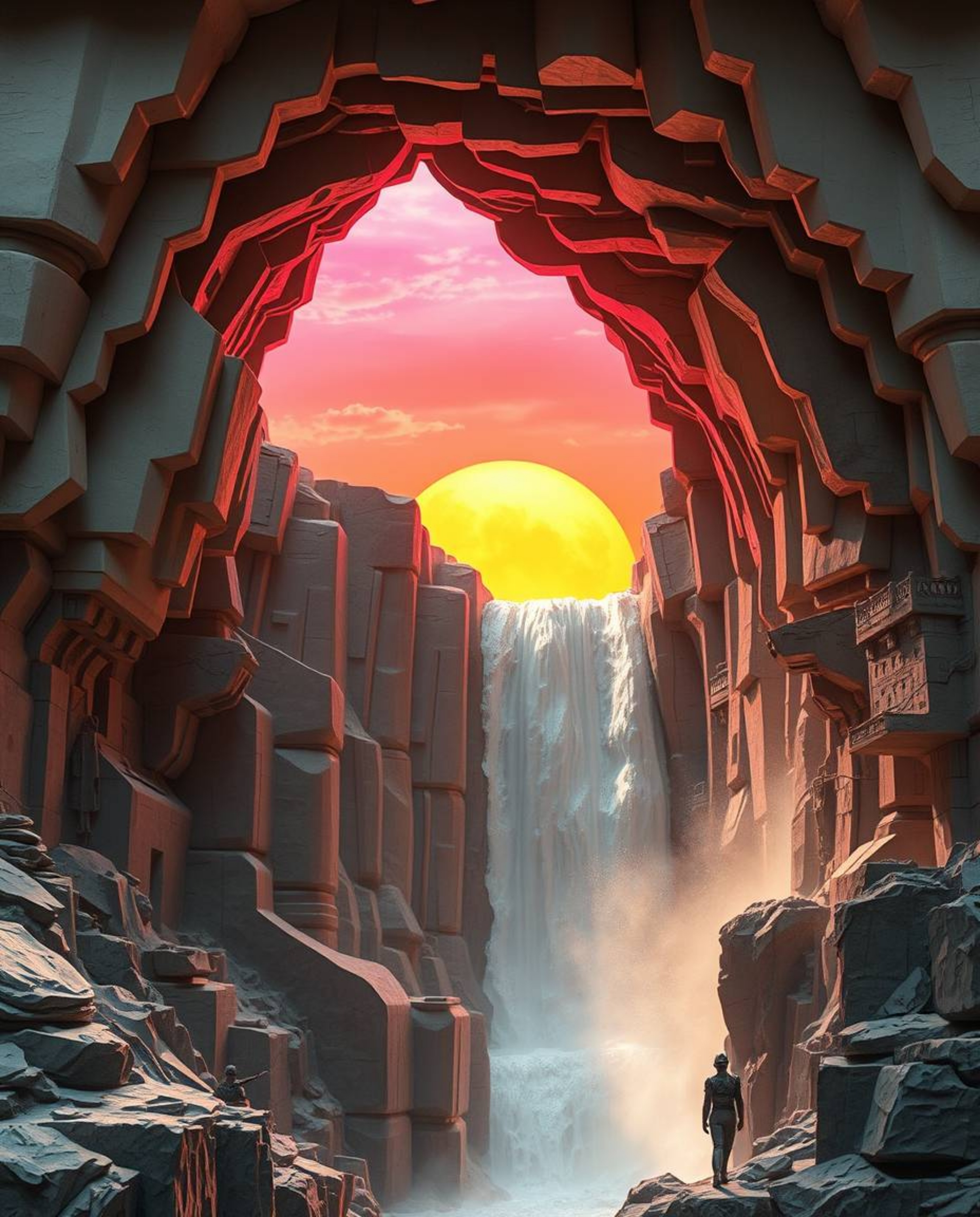Behold an epic, large-scale scene capturing a sun setting behind a dramatic waterfall, uniquely crafted from layered papier-m