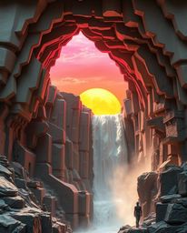 Behold an epic, large-scale scene capturing a sun setting behind a dramatic waterfall, uniquely crafted from layered papier-m