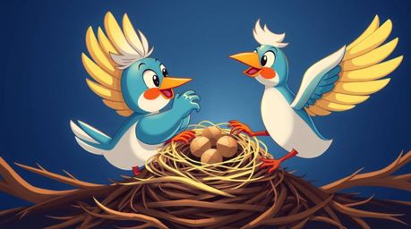A captivating illustration showcases two cartoon birds diligently constructing their nest.  Rendered in a classic animation s