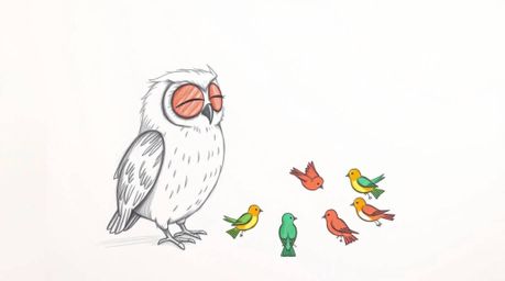 A heartwarming hand-drawn sketch in the style of Pixar depicts a blind owl with soft feathers and a serene expression, patien