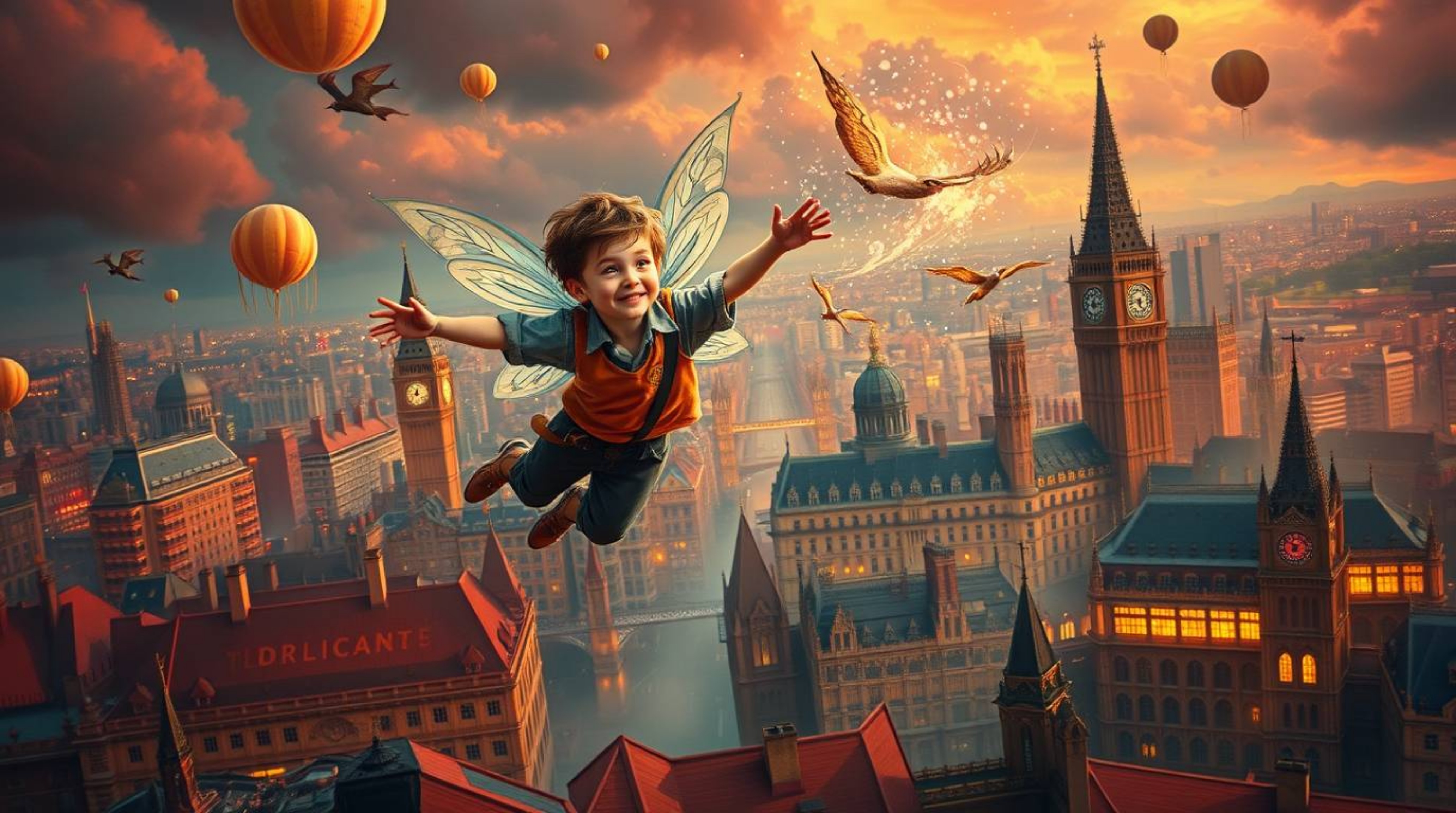 A captivating digital artwork depicting a young boy soaring above the London skyline, propelled by magical pixie dust. This d