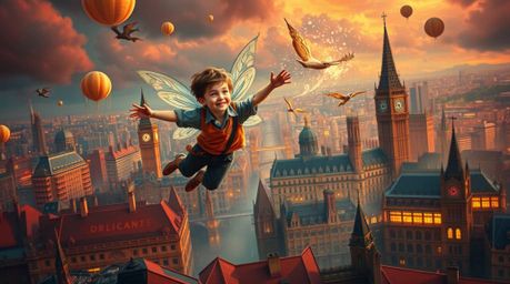 A captivating digital artwork depicting a young boy soaring above the London skyline, propelled by magical pixie dust. This d