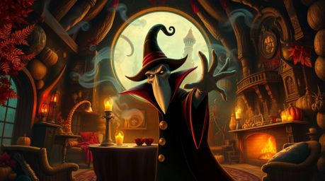 Immerse yourself in a dreamlike surreal scene bathed in warm autumn colors, depicting a classic Disney villain casting a powe