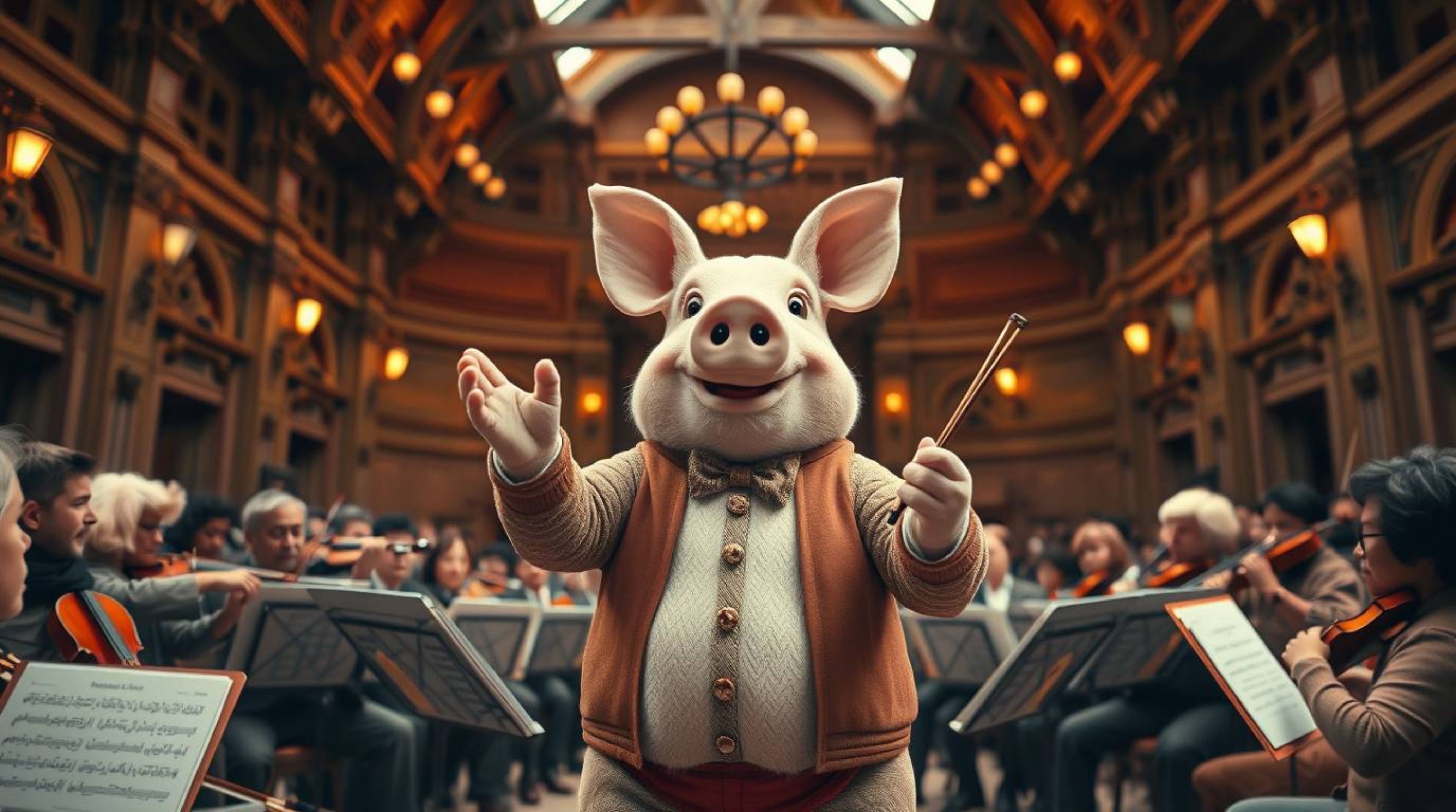 This stunning architectural photograph captures a charming pig character passionately conducting an orchestra amidst a backdr