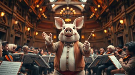 This stunning architectural photograph captures a charming pig character passionately conducting an orchestra amidst a backdr