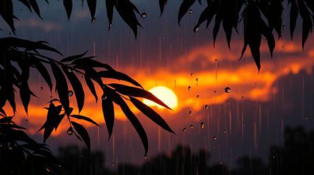 Experience the high tension of a dramatic, cinematic sunset reflected in delicate raindrops on leaves against a backdrop of s