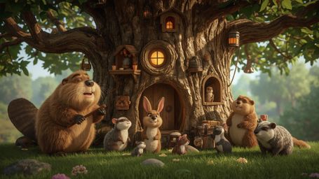 A highly detailed, high-resolution stock photo captures a busy beaver with soft, fluffy fur building the perfect treehouse fo