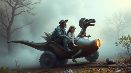 Embark on a whimsical journey with a prehistoric family as they cruise through a mystical and enchanting landscape in their u