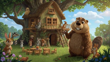 A high-resolution, professional-quality digital image shows a busy beaver with shiny brown fur and a kind smile, surrounded b