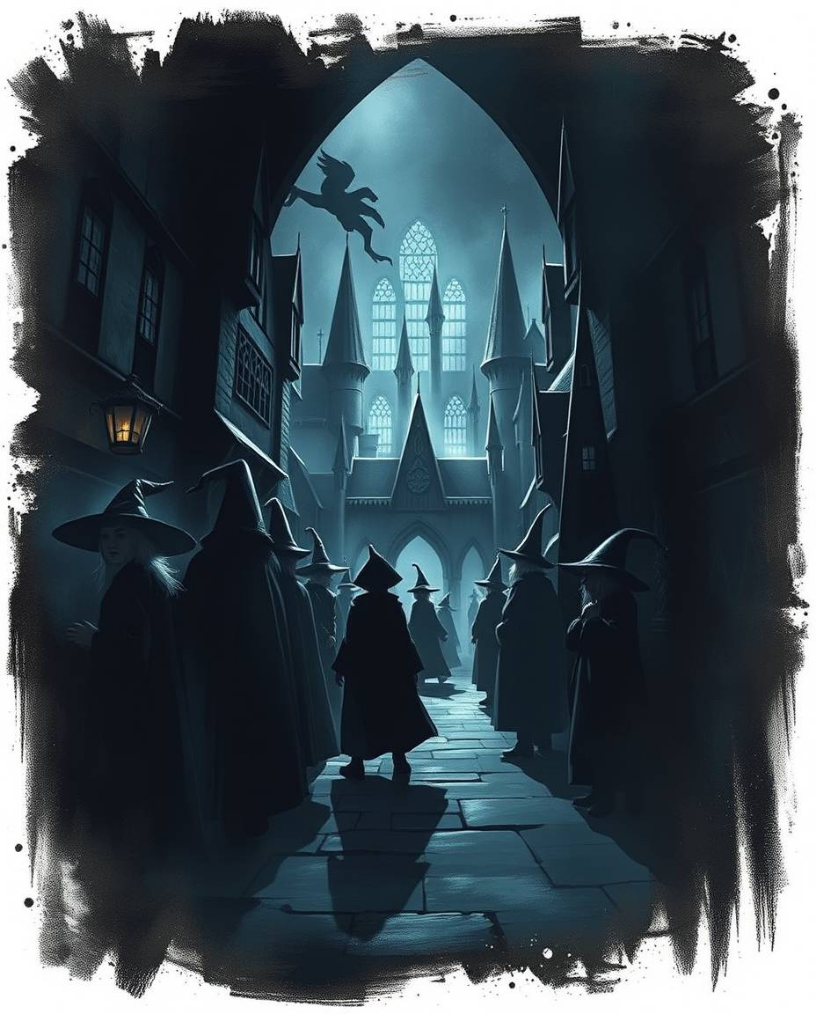 Discover a moody depiction of a magical school brimming with young wizards.  This captivating artwork features low contrast, 