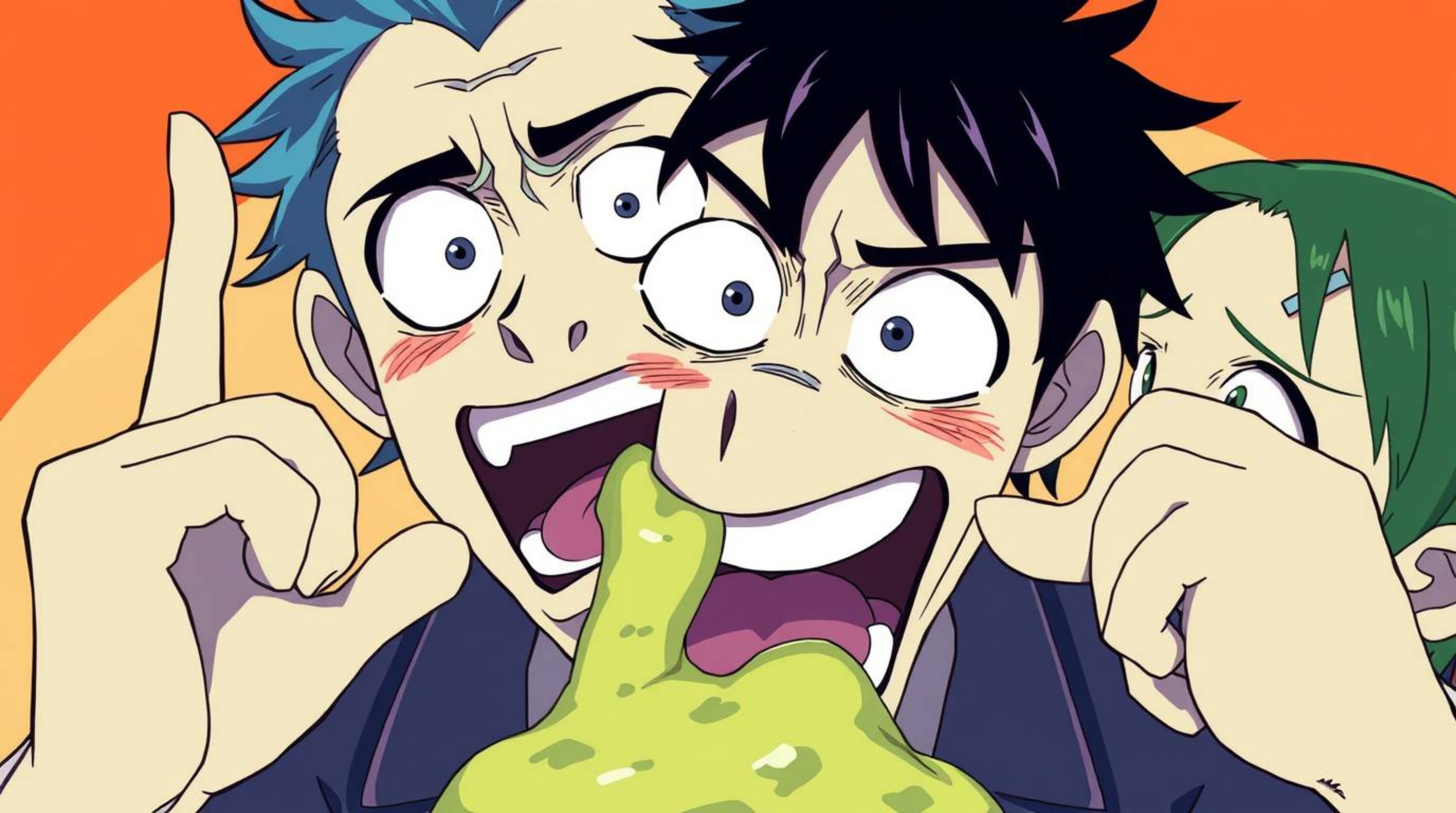 This isekai anime style illustration captures a hilarious gross-out comedy moment with exaggerated expressions, utilizing a s