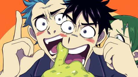 This isekai anime style illustration captures a hilarious gross-out comedy moment with exaggerated expressions, utilizing a s