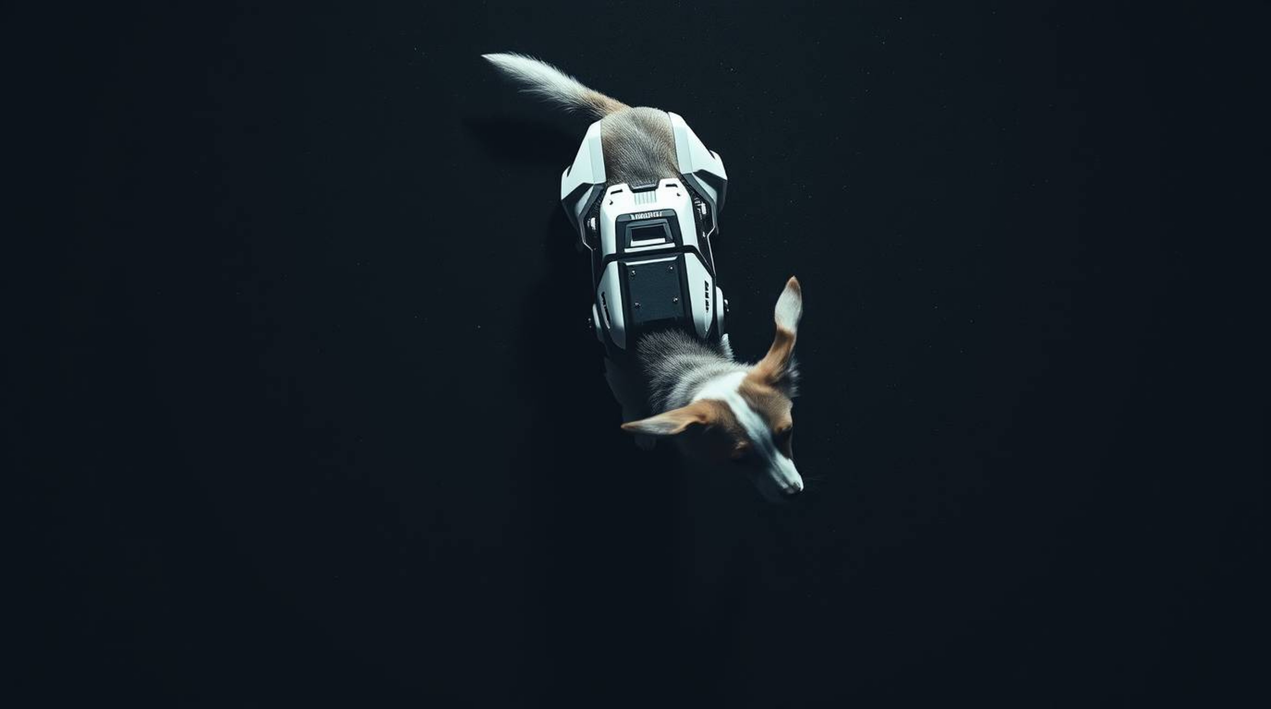 A captivating overhead shot depicts a futuristic dog autonomously traversing the vast expanse of space. Rendered in a strikin