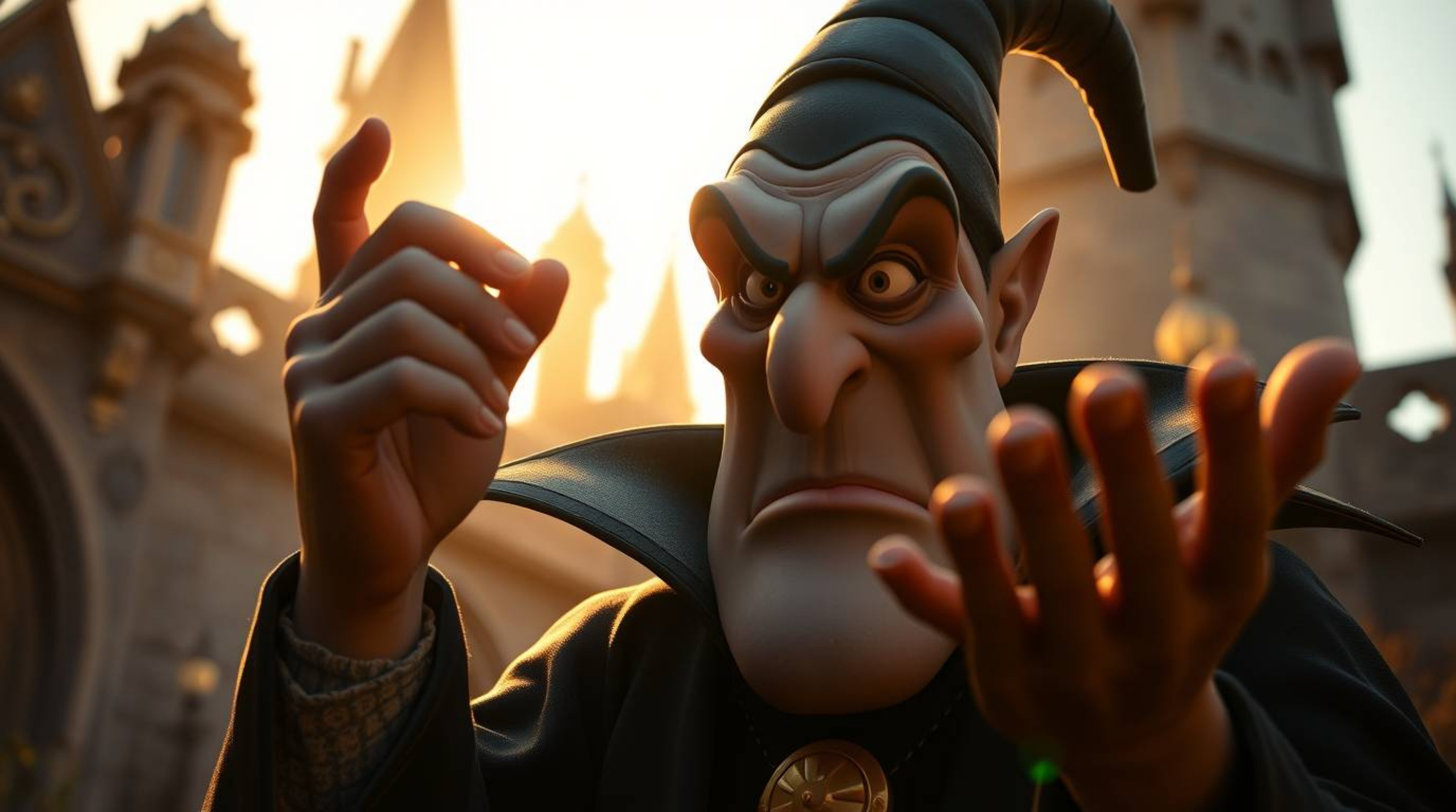 A captivating close-up shot reveals a classic Disney villain casting a spell within the ancient walls of a castle, bathed in 