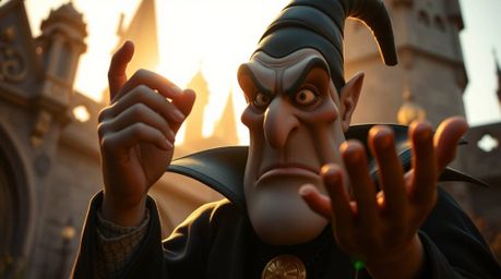 A captivating close-up shot reveals a classic Disney villain casting a spell within the ancient walls of a castle, bathed in