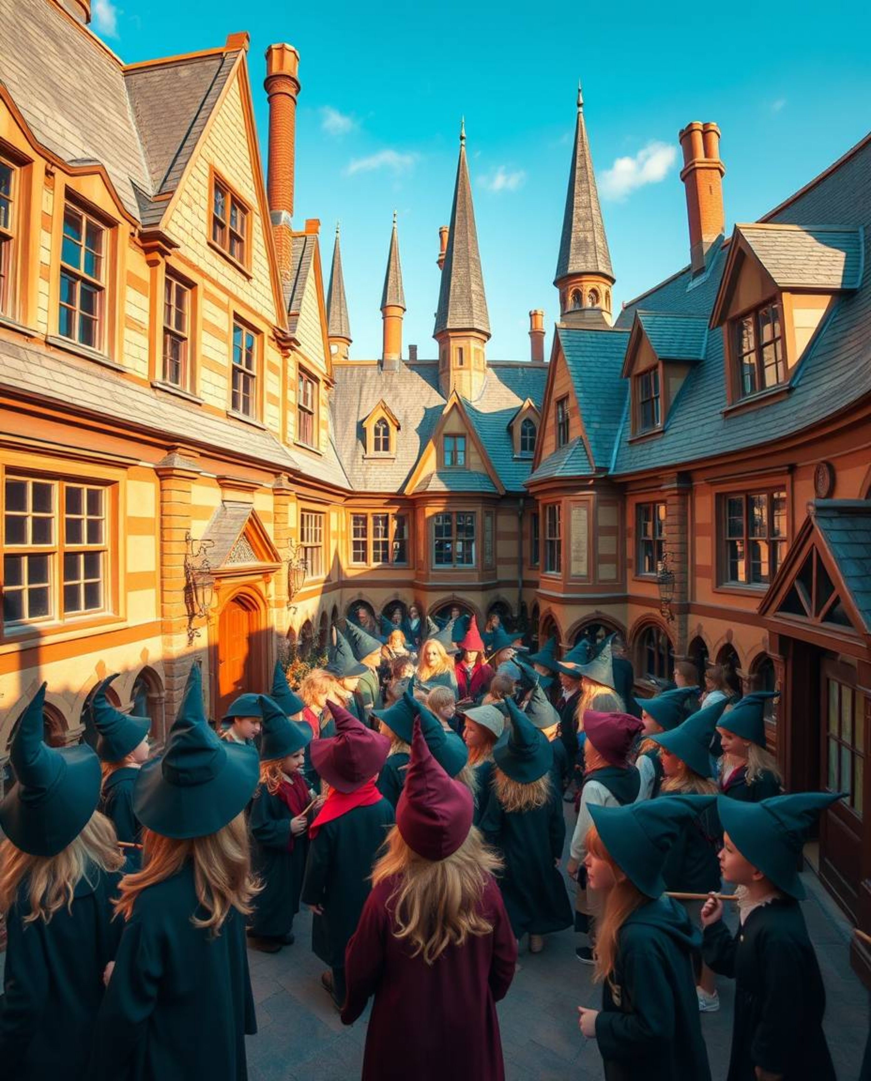 Explore a captivating architectural color photograph showcasing an adorable and charming magical school brimming with young w