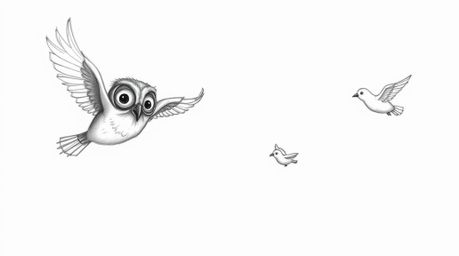 A Pixar-inspired hand-drawn sketch depicts a heartwarming scene of a blind owl teaching birds to fly. The rough, textured pen